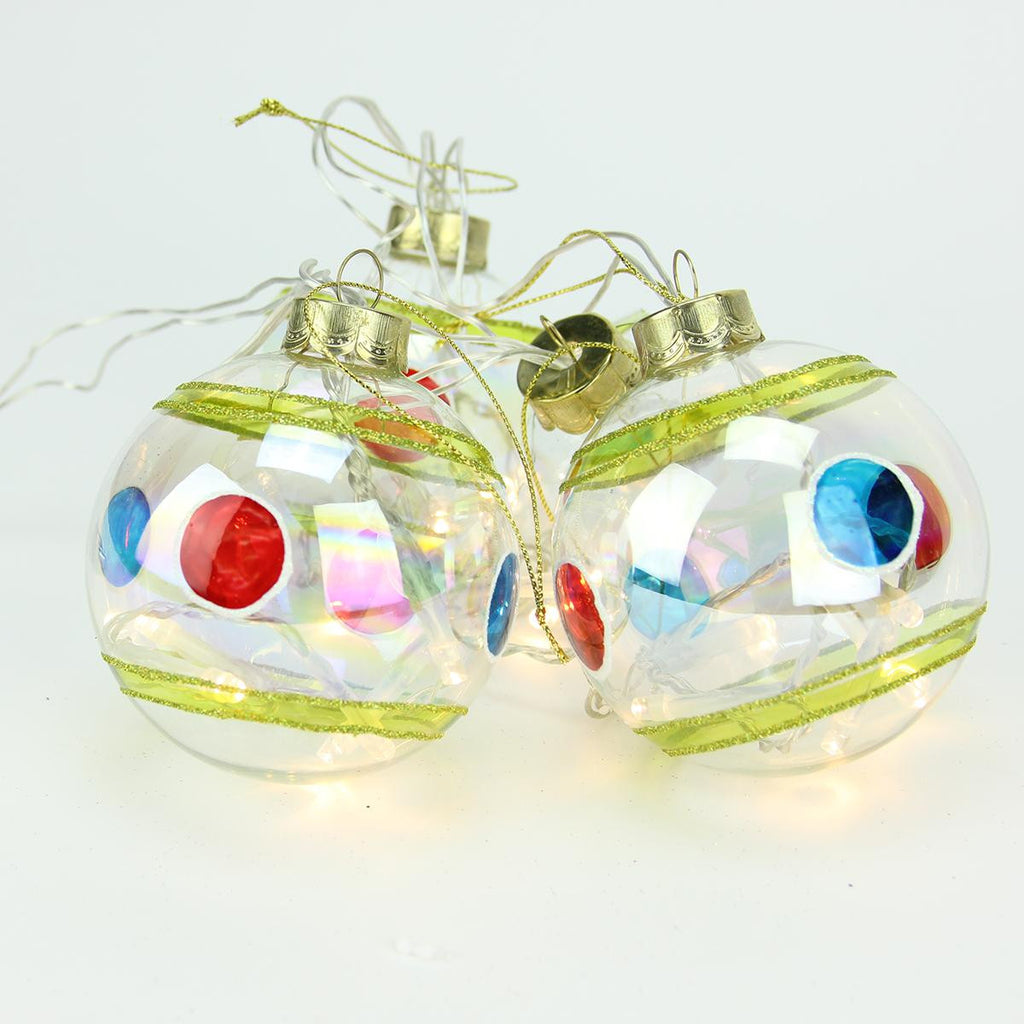 Set of 4 Battery Operated Stripe and Dot Glass Ball LED Lighted Christmas Ornaments