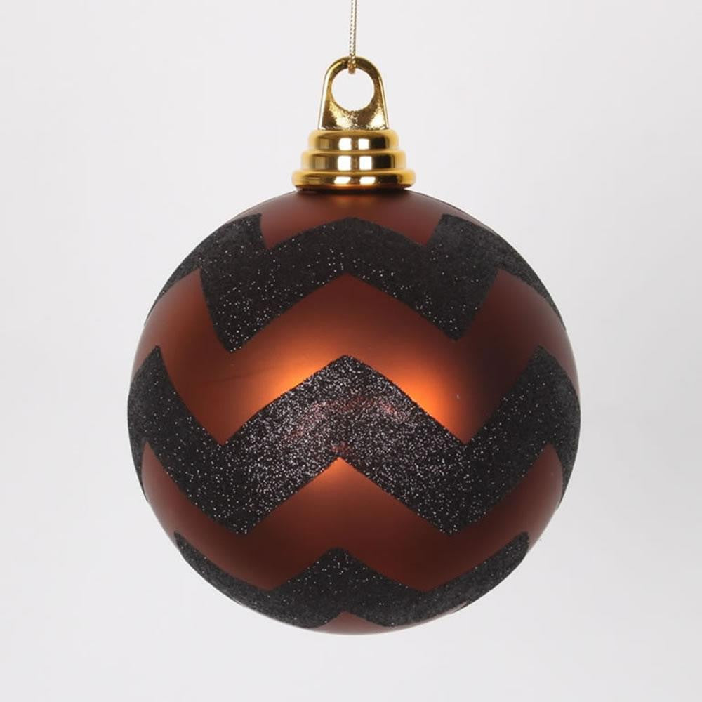 Copper Matte and Black Glitter Chevron Shatterproof Christmas Ball Ornaments 4.75" (120mm)