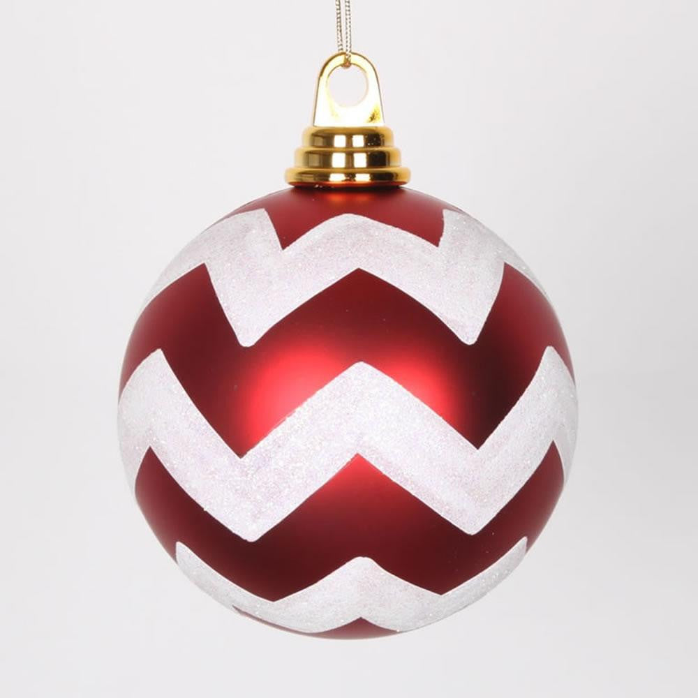 Red Matte and White Glitter Chevron Shatterproof Christmas Ball Ornaments 4.75" (120mm)