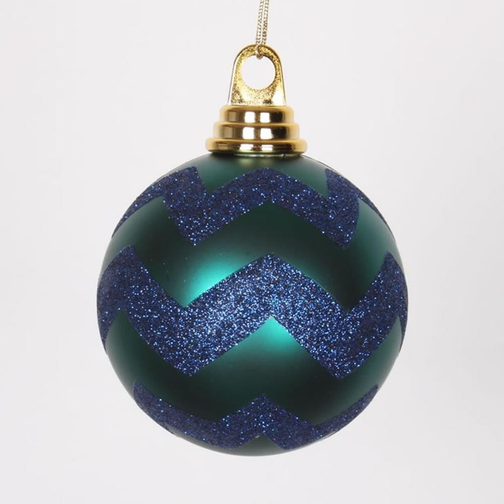 Teal Green Matte and Sea Blue Glitter Chevron Shatterproof Christmas Ball Ornaments 4" (100mm)