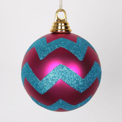 Cerise Pink Matte with Turquoise Blue Glitter Chevron Christmas Ball Ornaments 4.75" (120mm)