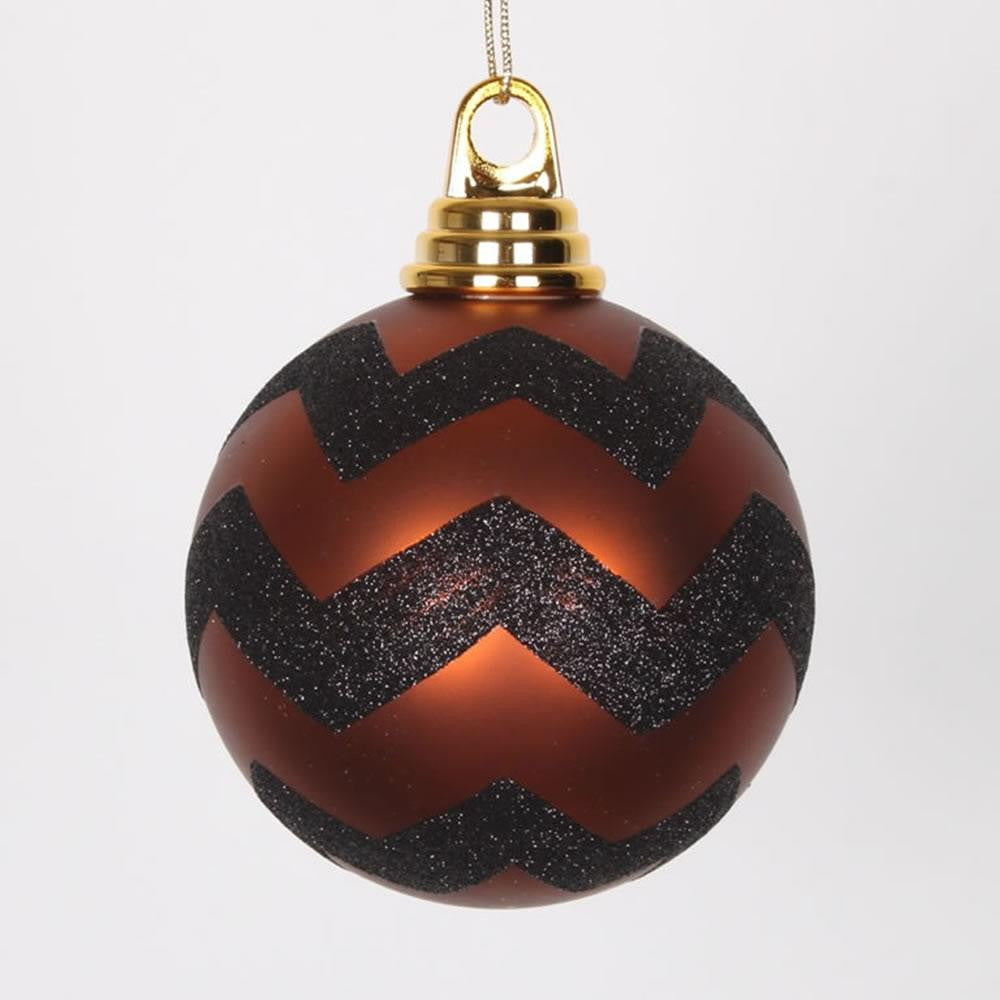 Copper Matte and Black Glitter Chevron Shatterproof Christmas Ball Ornaments 4" (100mm)