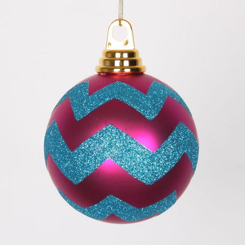 Cerise Pink Matte and Turquoise Blue Glitter Chevron Shatterproof Christmas Ball Ornaments 4"(100mm)