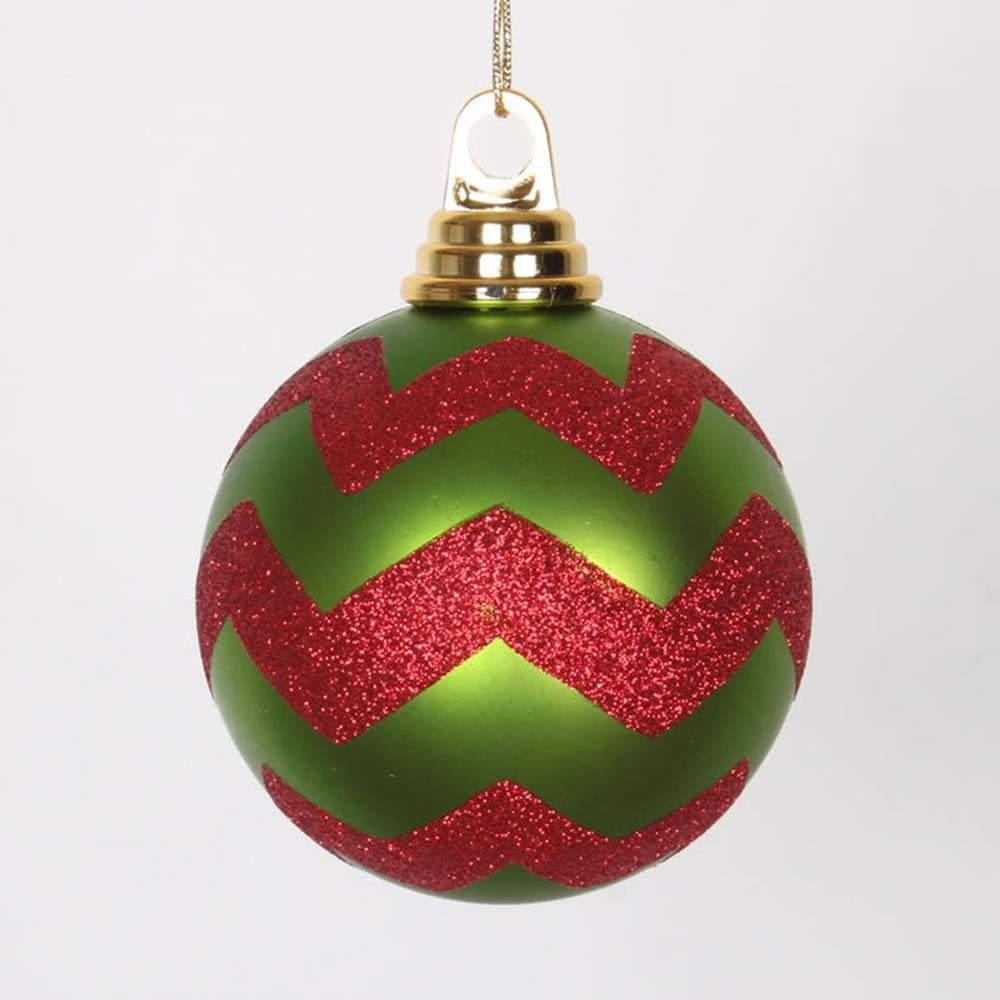 Lime Green Matte and Red Glitter Chevron Shatterproof Christmas Ball Ornaments 4" (100mm)