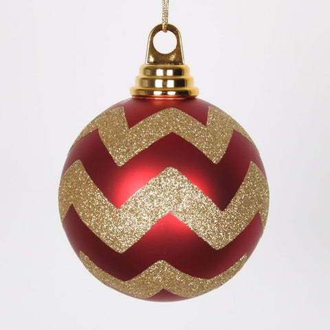 Red Matte and Gold Glitter Chevron Shatterproof Christmas Ball Ornaments 4" (100mm)