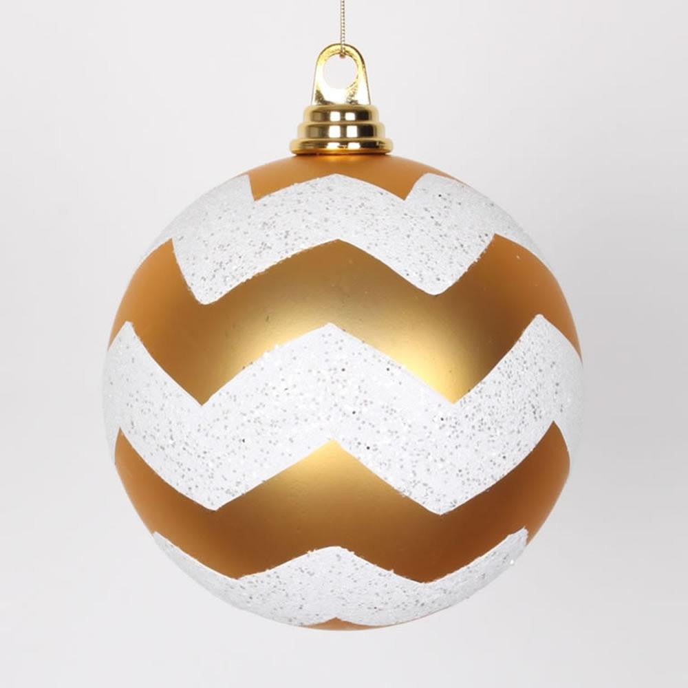 Gold Matte with White Glitter Chevron Commercial Size Christmas Ball Ornaments 6" (150mm)