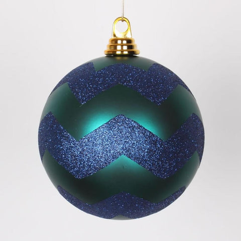 Teal Green Matte with Sea Blue Glitter Chevron Commercial Size Christmas Ball Ornament 6" (150mm)