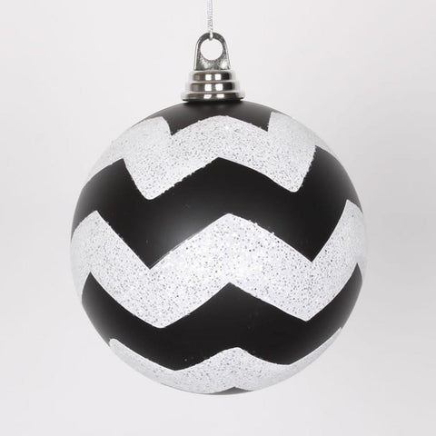 Black Matte with White Glitter Chevron Commercial Size Christmas Ball Ornaments 6" (150mm)