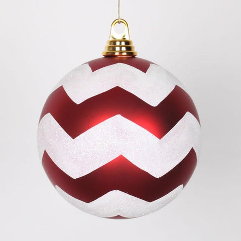 Red Matte with White Glitter Chevron Commercial Size Christmas Ball Ornaments 6" (150mm)