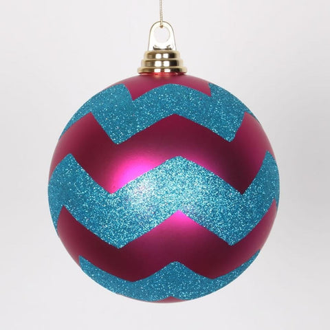 Cerise Pink Matte w- Turquoise Blue Glitter Chevron Commercial Size Christmas Ball Ornament 6"(150mm)