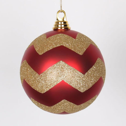 Red Matte with Gold Glitter Chevron Commercial Size Christmas Ball Ornaments 6" (150mm)