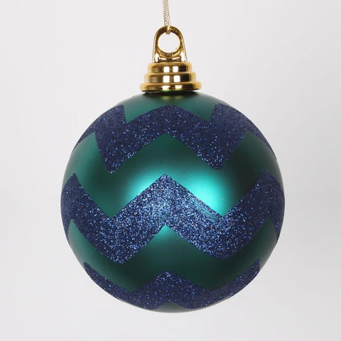 Teal Green Matte with Sea Blue Glitter Chevron Christmas Ball Ornament 4.75" (120mm)