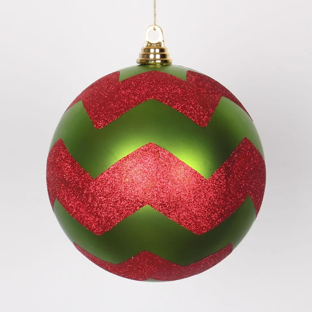 Lime Green Matte with Red Glitter Chevron Commercial Size Christmas Ball Ornament 8" (200mm)