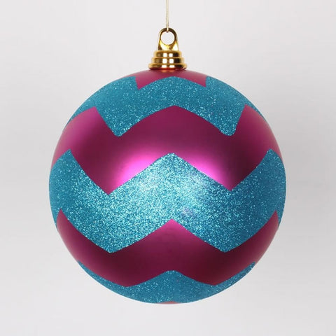 Cerise Pink Matte w- Turquoise Blue Glitter Chevron Commercial Size Christmas Ball Ornament 8" (200mm)