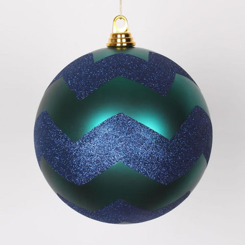 Teal Green Matte with Sea Blue Glitter Chevron Commercial Size Christmas Ball Ornament 8" (200mm)