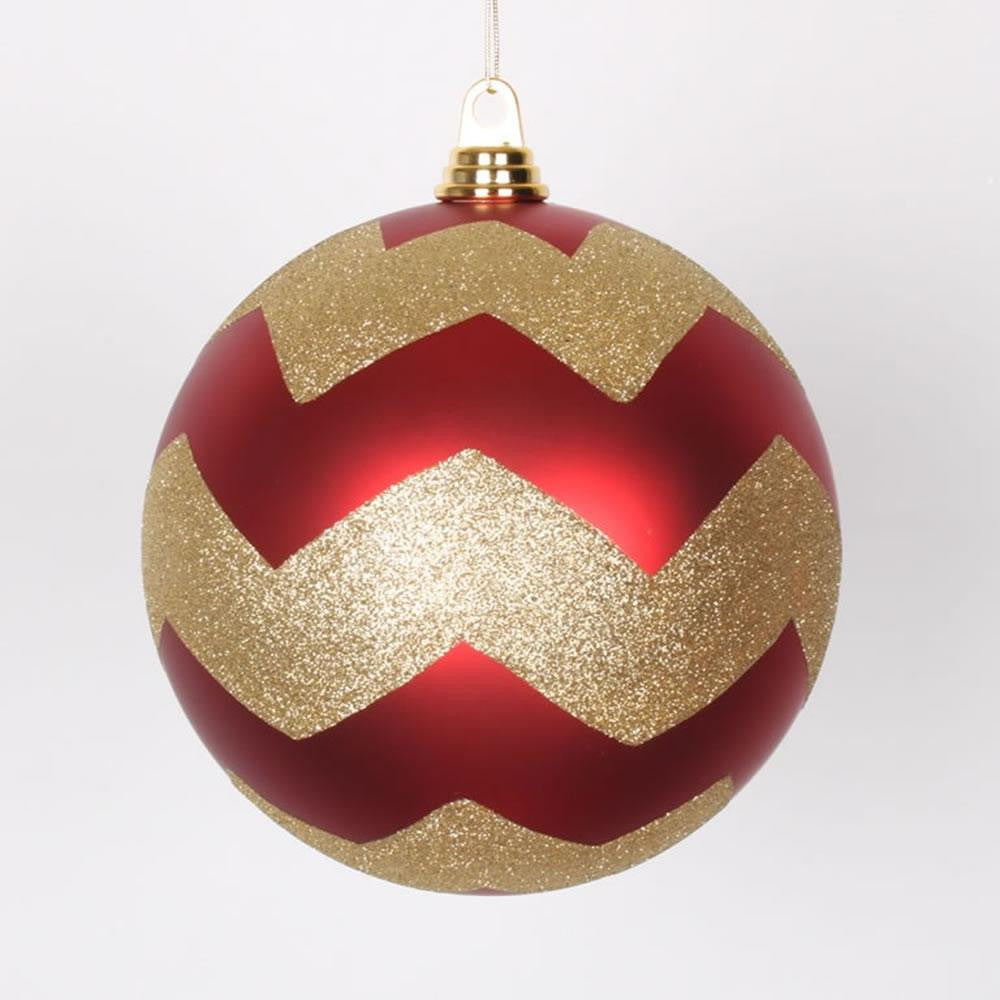 Red Matte with Gold Glitter Chevron Commercial Size Christmas Ball Ornament 8" (200mm)