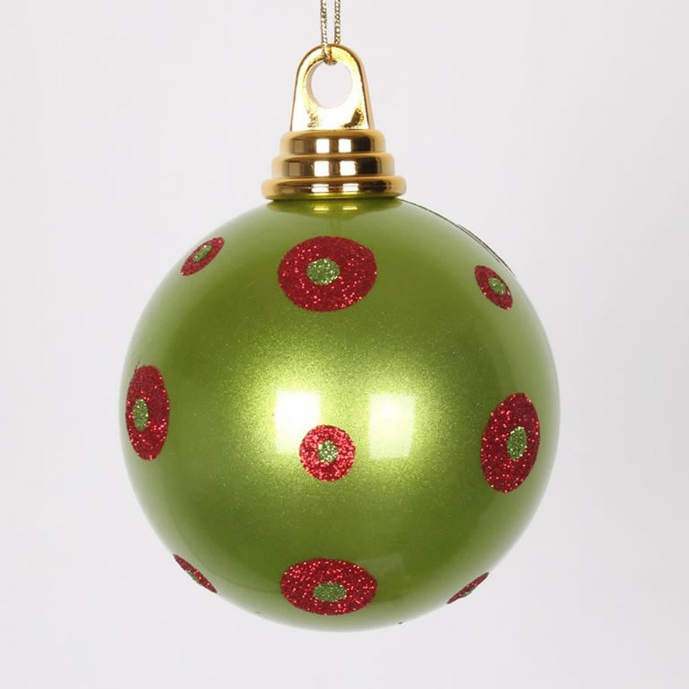 Candy Lime Green with Red Glitter Polka Dots Christmas Ball Ornament 4.75" (120mm)