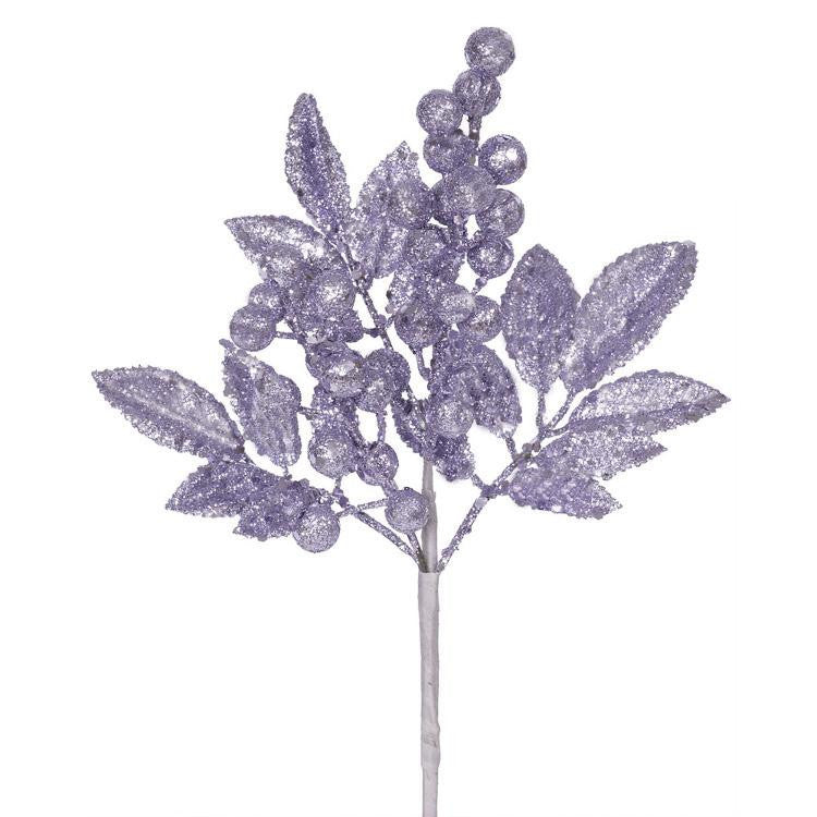 13" Sparkling Lavender Purple Glittered Berry and Leaves Christmas Spray