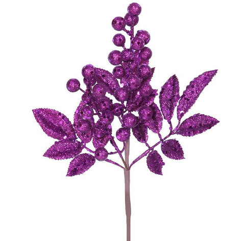 13" Sparkling Purple Glittered Berry and Leaves Christmas Spray