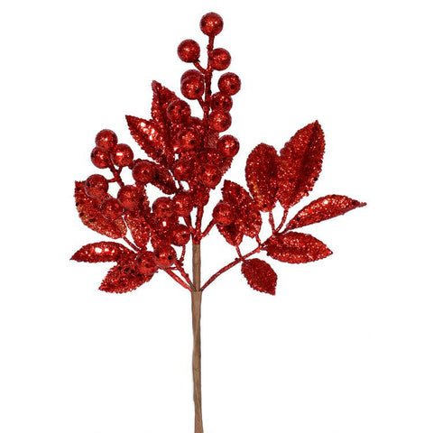 13" Sparkling Red Glittered Berry and Leaves Christmas Spray