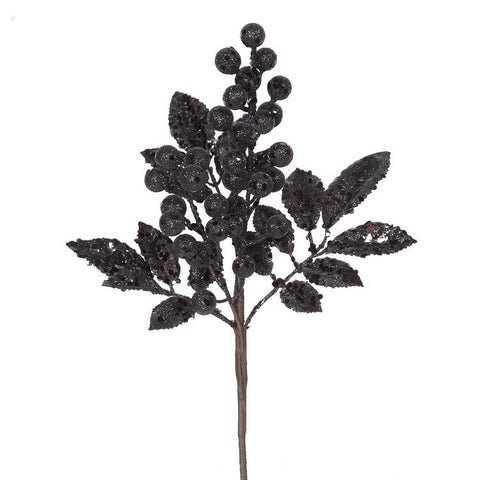 13" Sparkling Black Glittered Berry and Leaves Christmas Spray