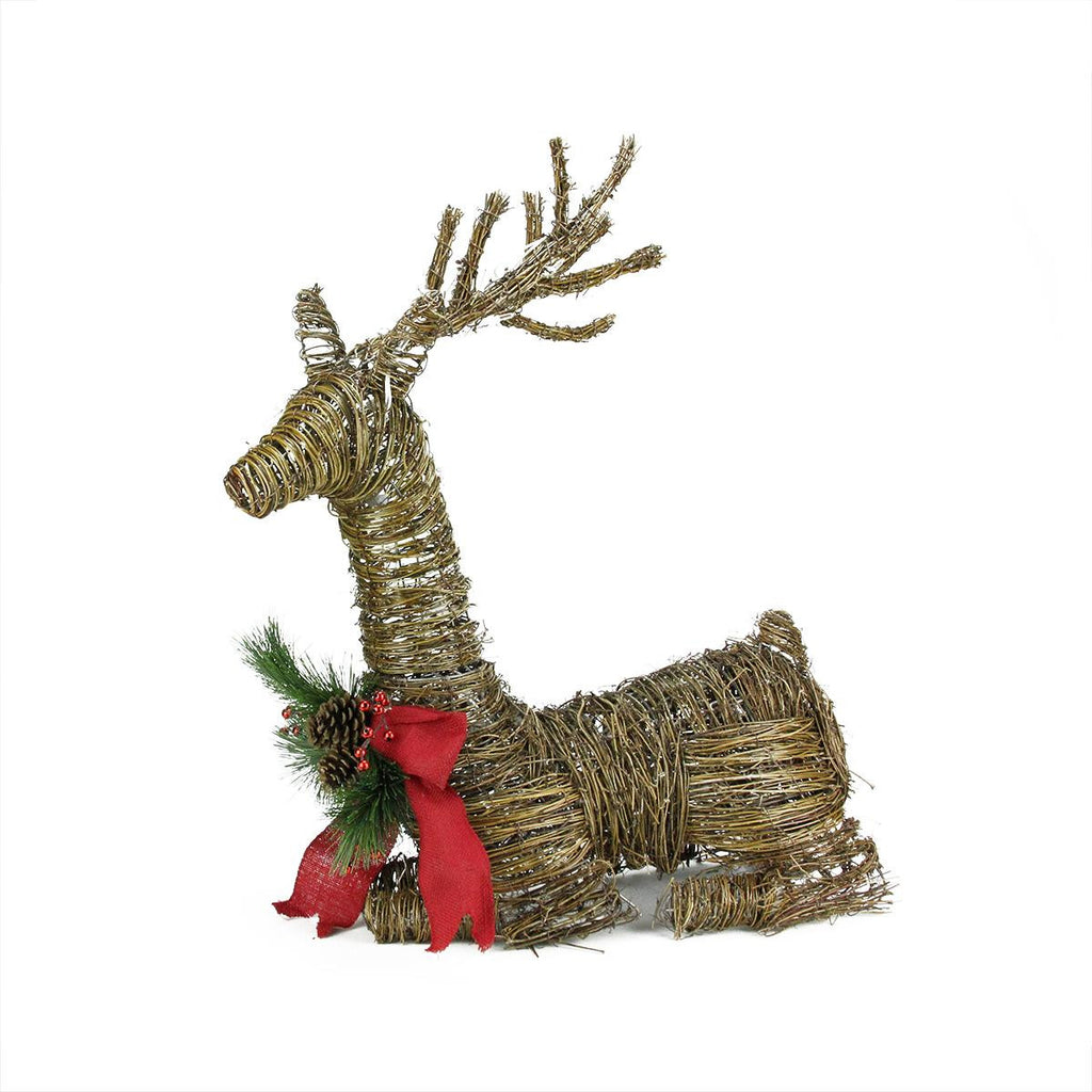 30" Lighted Rattan Reindeer with Red Bow and Pine Cones Christmas Yard Art Decoration