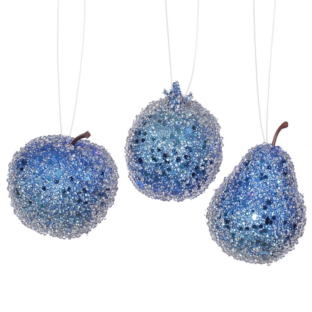 3ct Cobalt Blue Beaded, Sequin and Glitter Pear, Apple and Pomegranate Fruit Christmas Ornaments