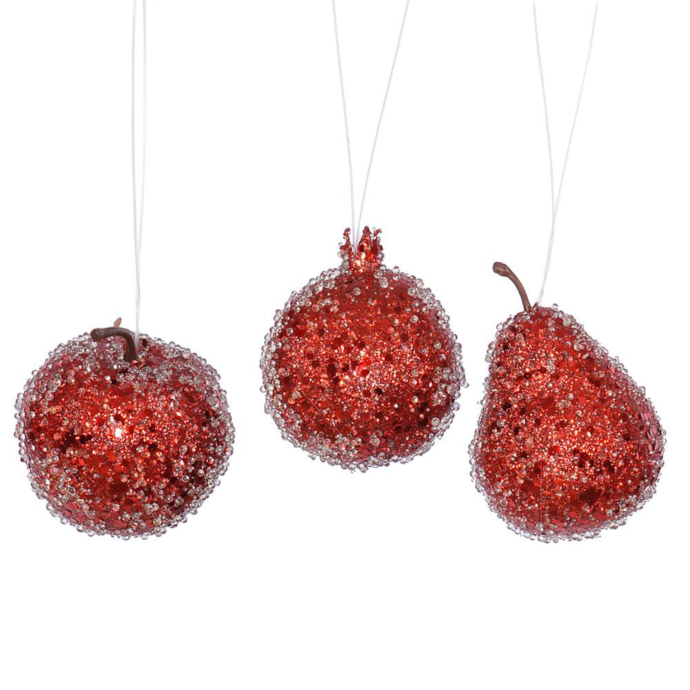 3ct Red Beaded, Sequin and Glitter Pear, Apple and Pomegranate Fruit Christmas Ornaments