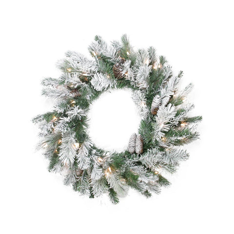 24" Pre-Lit Flocked Victoria Pine Artificial Christmas Wreath -  Clear Lights