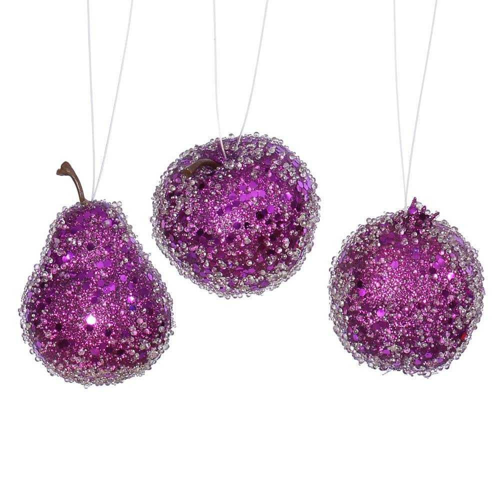 3ct Purple Beaded, Sequin and Glitter Pear, Apple and Pomegranate Fruit Christmas Ornaments