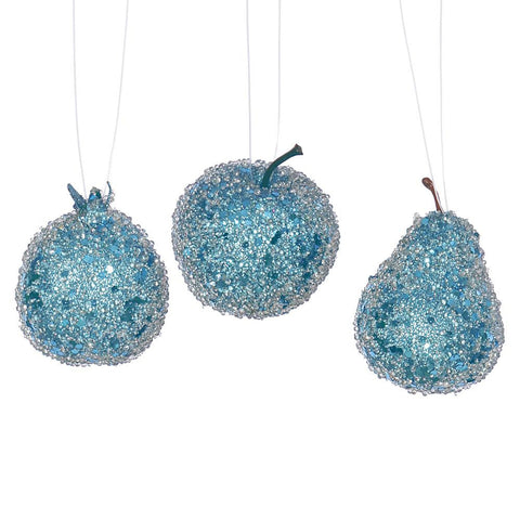 3ct Turquoise Blue Beaded, Sequin and Glitter Pear, Apple and Pomegranate Fruit Christmas Ornaments