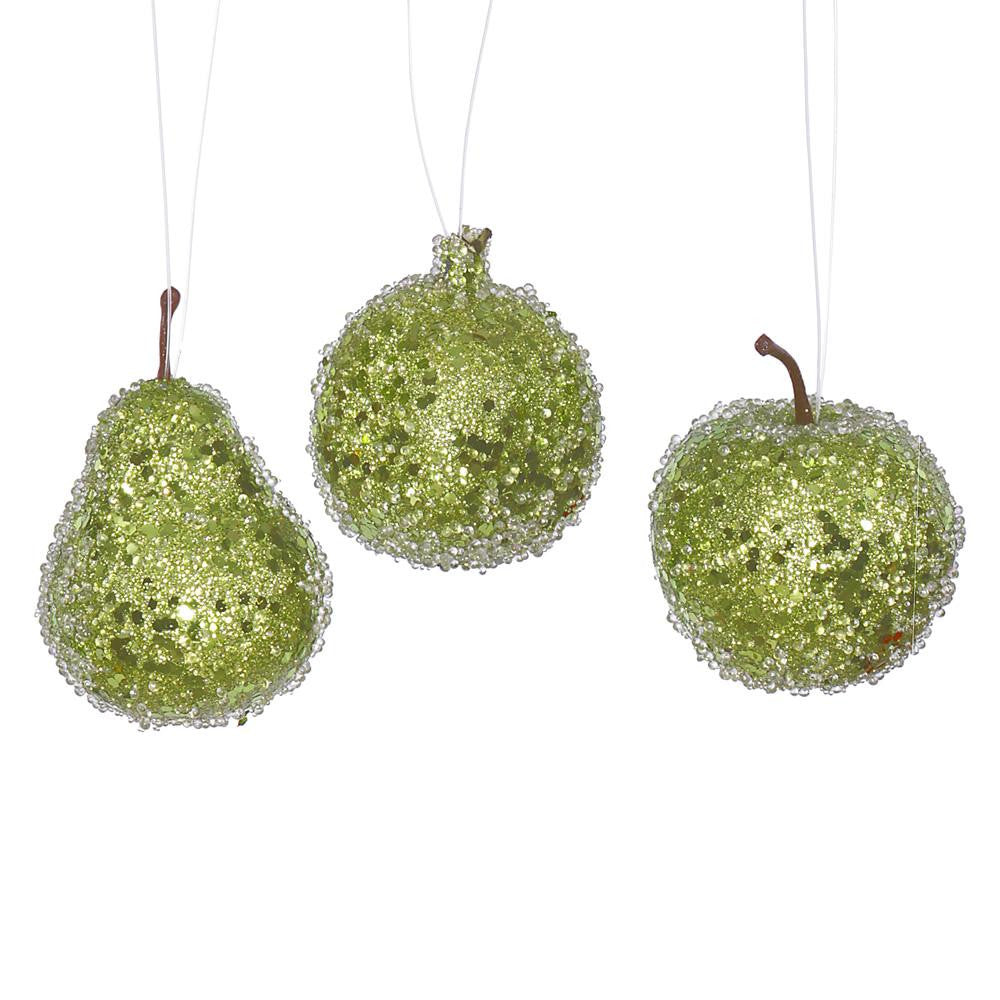 3ct Lime Green Beaded, Sequin and Glitter Pear, Apple and Pomegranate Fruit Christmas Ornaments