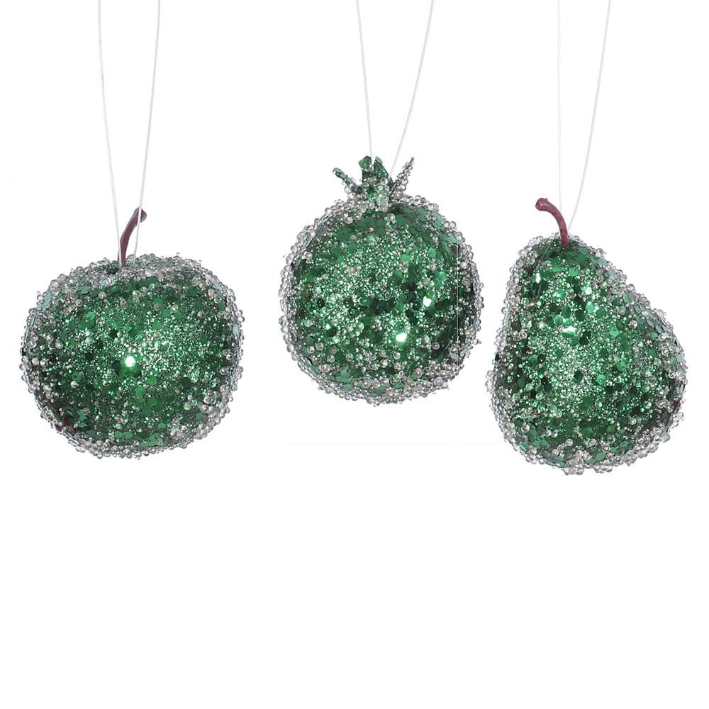 3ct Emerald Green Beaded, Sequin and Glitter Pear, Apple and Pomegranate Fruit Christmas Ornaments