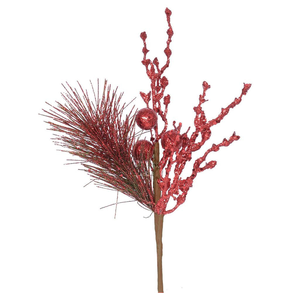 13" Sparkling Berry Red Glittered Ball and Pine Christmas Spray