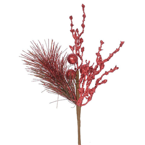 13" Sparkling Berry Red Glittered Ball and Pine Christmas Spray