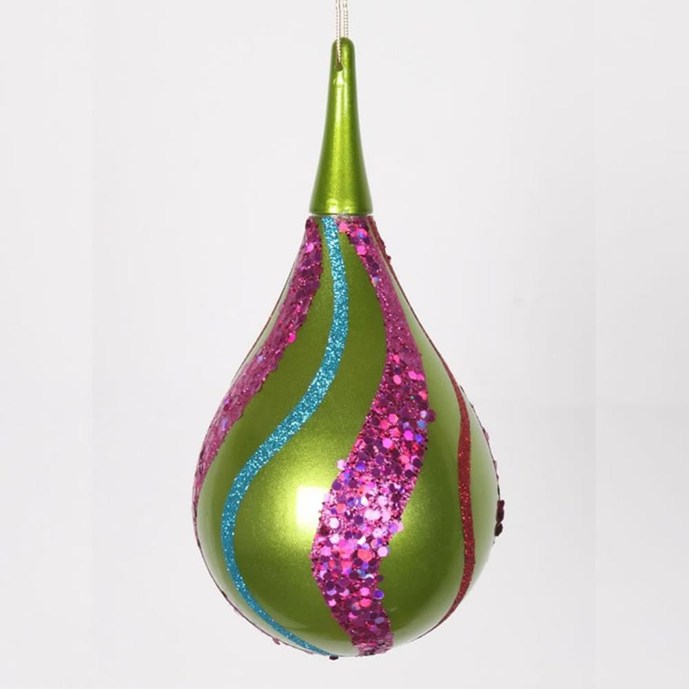 Lime Green and Cerise Pink Shatterproof Christmas Glitter Swirl Tear Drop Finial Ornament 8"