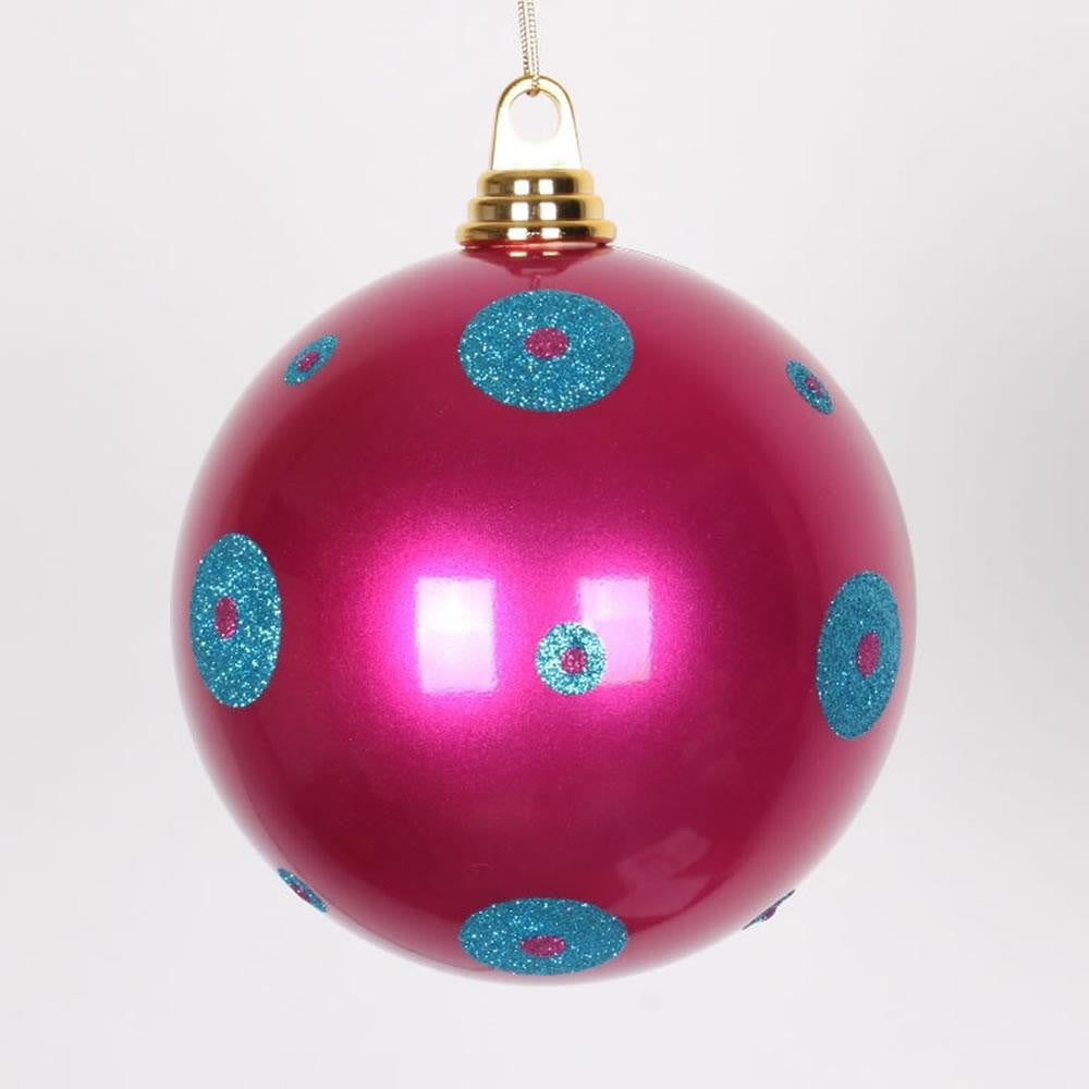 Candy Cerise Pink w- Turquoise Blue Glitter Polka Dots Commercial Size Christmas Ball Ornament 6"(150mm)