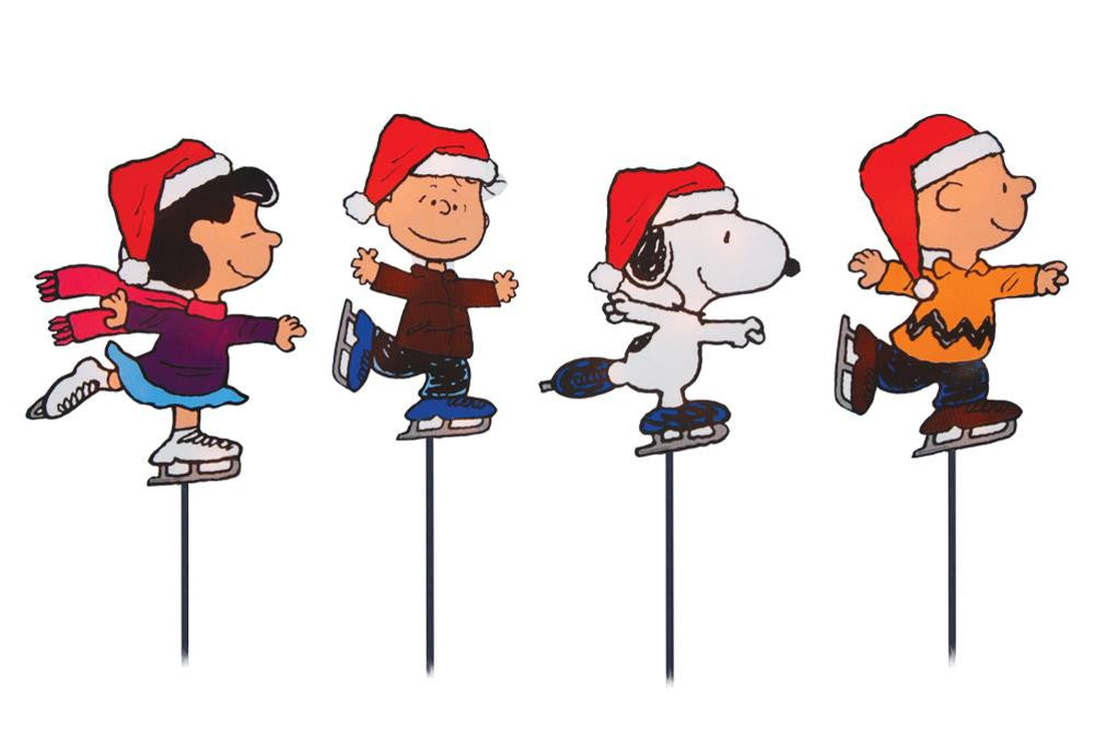 Set of 4 Pre-Lit Snoopy and Peanuts Ice Skating Christmas Pathway Markers - Clear Lights