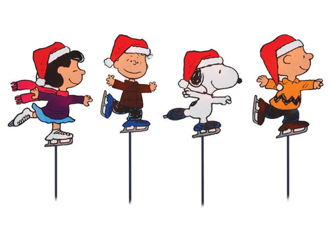 Set of 4 Pre-Lit Snoopy and Peanuts Ice Skating Christmas Pathway Markers - Clear Lights