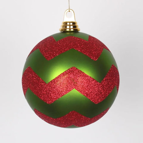 Lime Green Matte with Red Glitter Chevron Commercial Size Christmas Ball Ornament 6" (150mm)