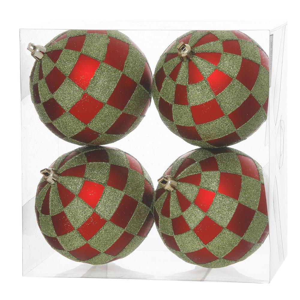 Pack of 4 Red Matte & Lime Green Glitter Checkered Christmas Ball Ornaments 4" (100mm)