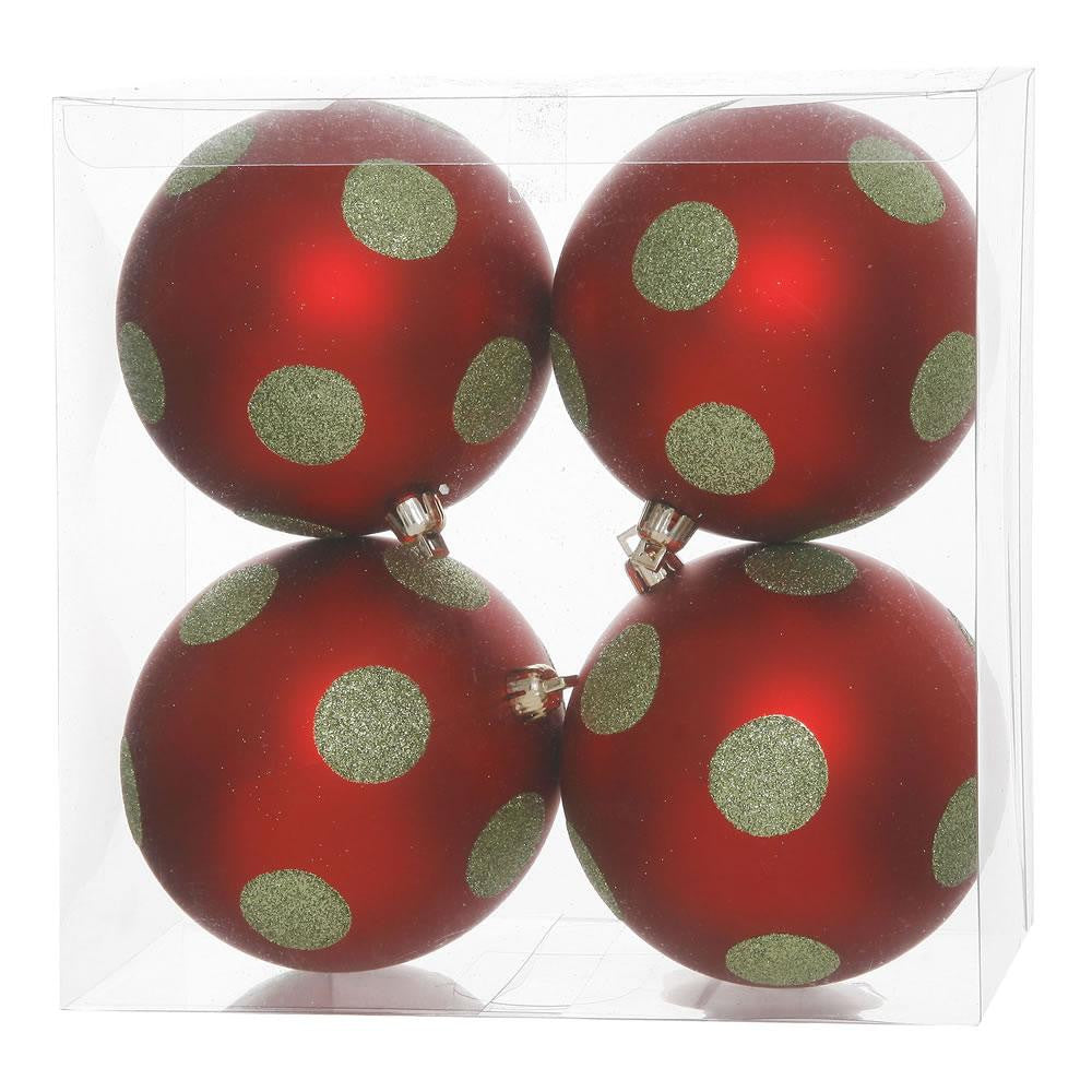 Pack of 4 Red Matte & Lime Green Glitter Polka Dot Christmas Ball Ornaments 4" (100mm)