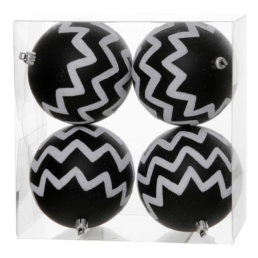 Pack of 4 Matte Black and White Glitter Chevron Striped Christmas Ball Ornaments 4" (100mm)