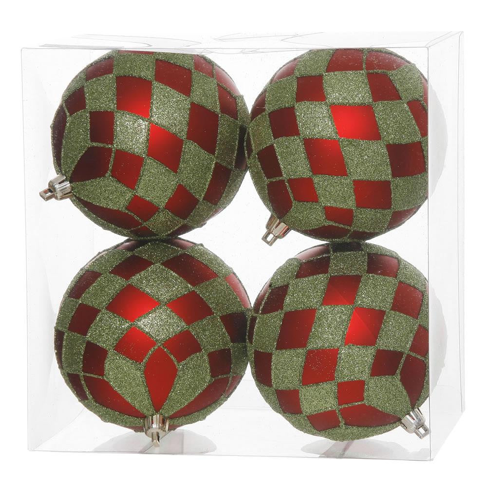 Pack of 4 Matte Red and Lime Green Glitter Diamond Christmas Ball Ornaments 4" (100mm)