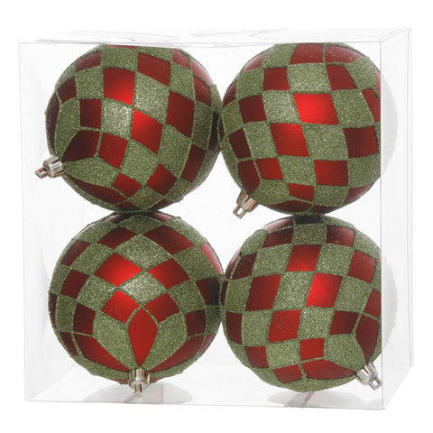 Pack of 4 Matte Red and Lime Green Glitter Diamond Christmas Ball Ornaments 4" (100mm)