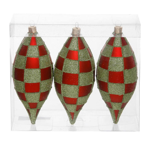 Pack of 3 Red Matte & Lime Green Glitter Checkered Christmas Teardrop Ornaments 4.75" (121mm)