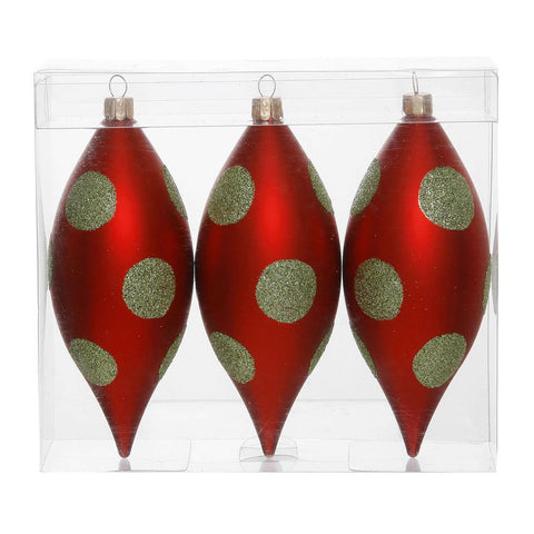 Pack of 3 Matte Red and Lime Green Glitter Polka Dot Christmas Teardrop Ornaments 4.75" (121mm)