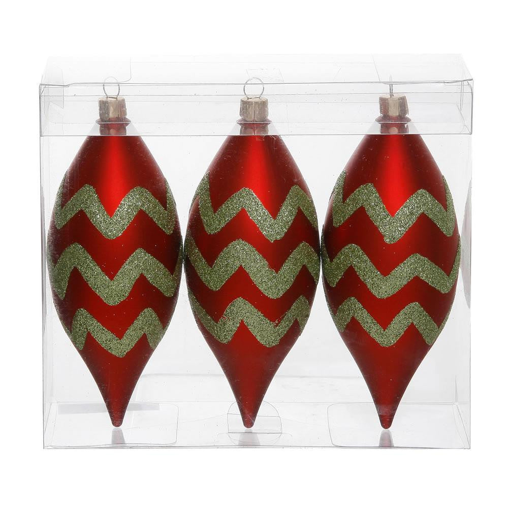 Pack of 3 Matte Red & Lime Green Glitter Chevron Striped Christmas Teardrop Ornaments 4.75" (121mm)