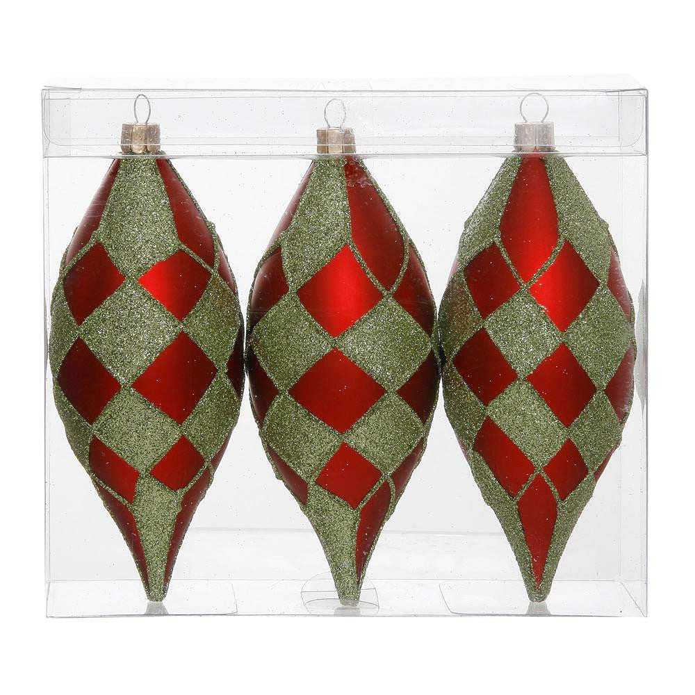 Pack of 3 Matte Red and Lime Green Glitter Diamond Christmas Teardrop Ornaments 4.75" (121mm)