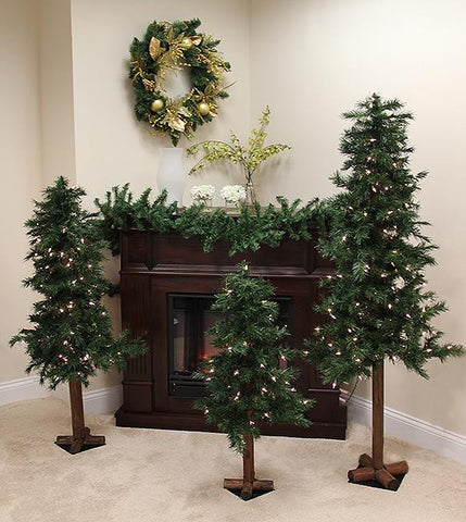 Set of 3 Pre-Lit Woodland Alpine Artificial Christmas Trees 4', 5 and 6'' - Clear